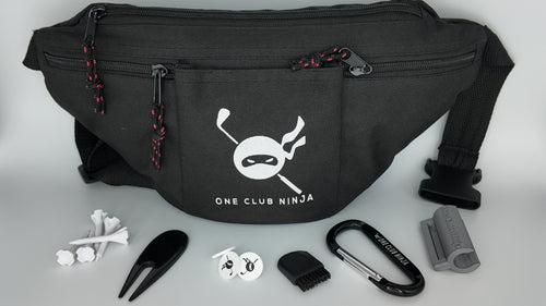 Black fanny pack with 'One Club Ninja' branding