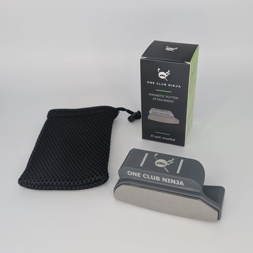 Obsidian One Club Ninja putter attachment with its mesh storage pouch and retail box