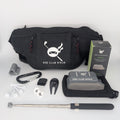 The One Club Kit flat lay with the Obsidian putter attachment, waist bag, telescoping alignment stick, and accessories