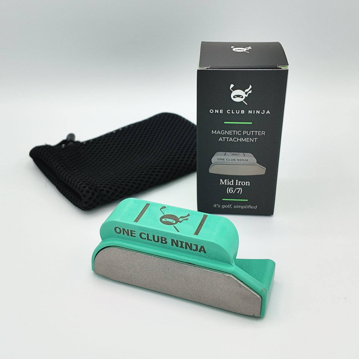 Green Mid Iron putter attachment with Mid Iron 6/7 box and mesh pouch.