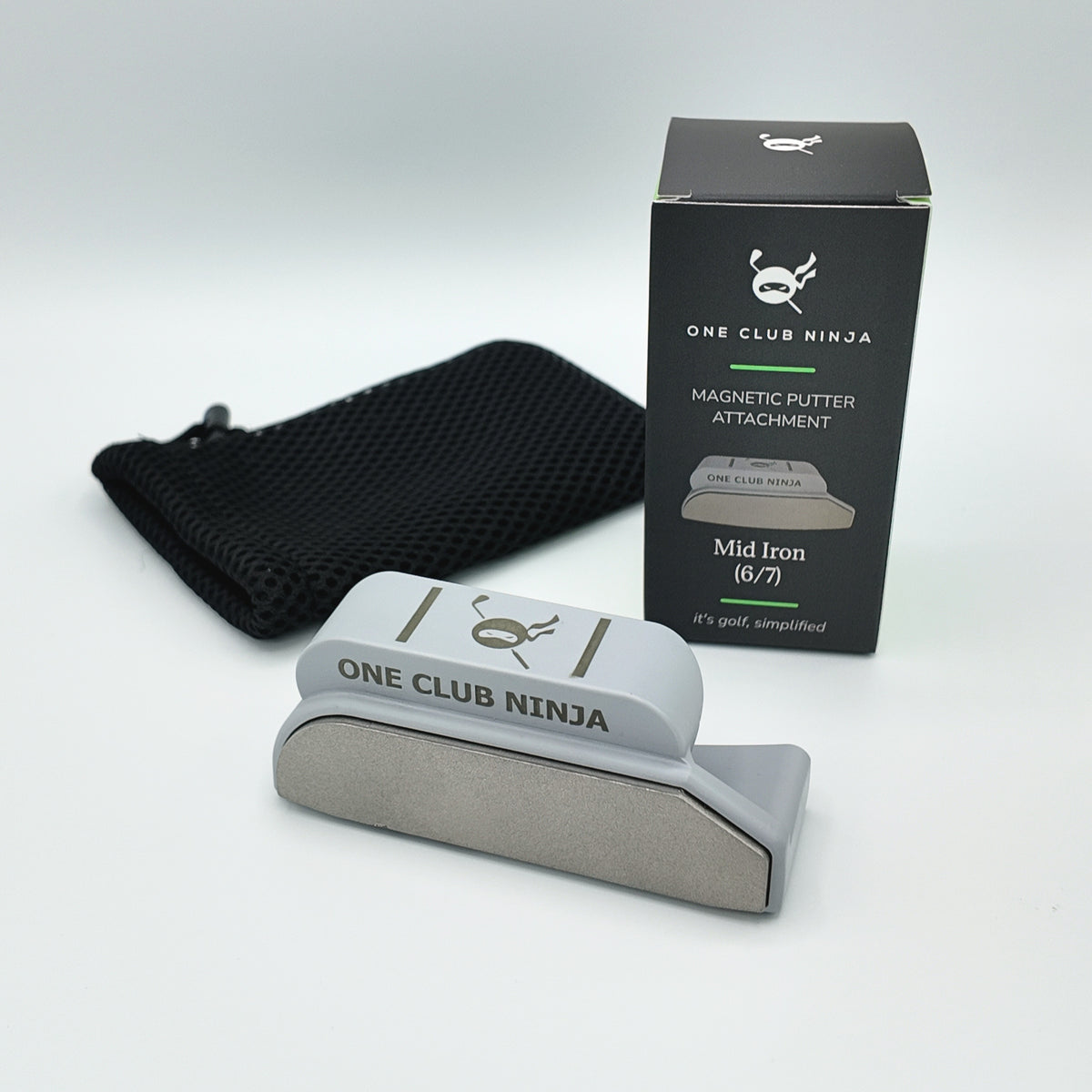 Light Gray Mid Iron putter attachment with Mid Iron 6/7 box and mesh pouch.