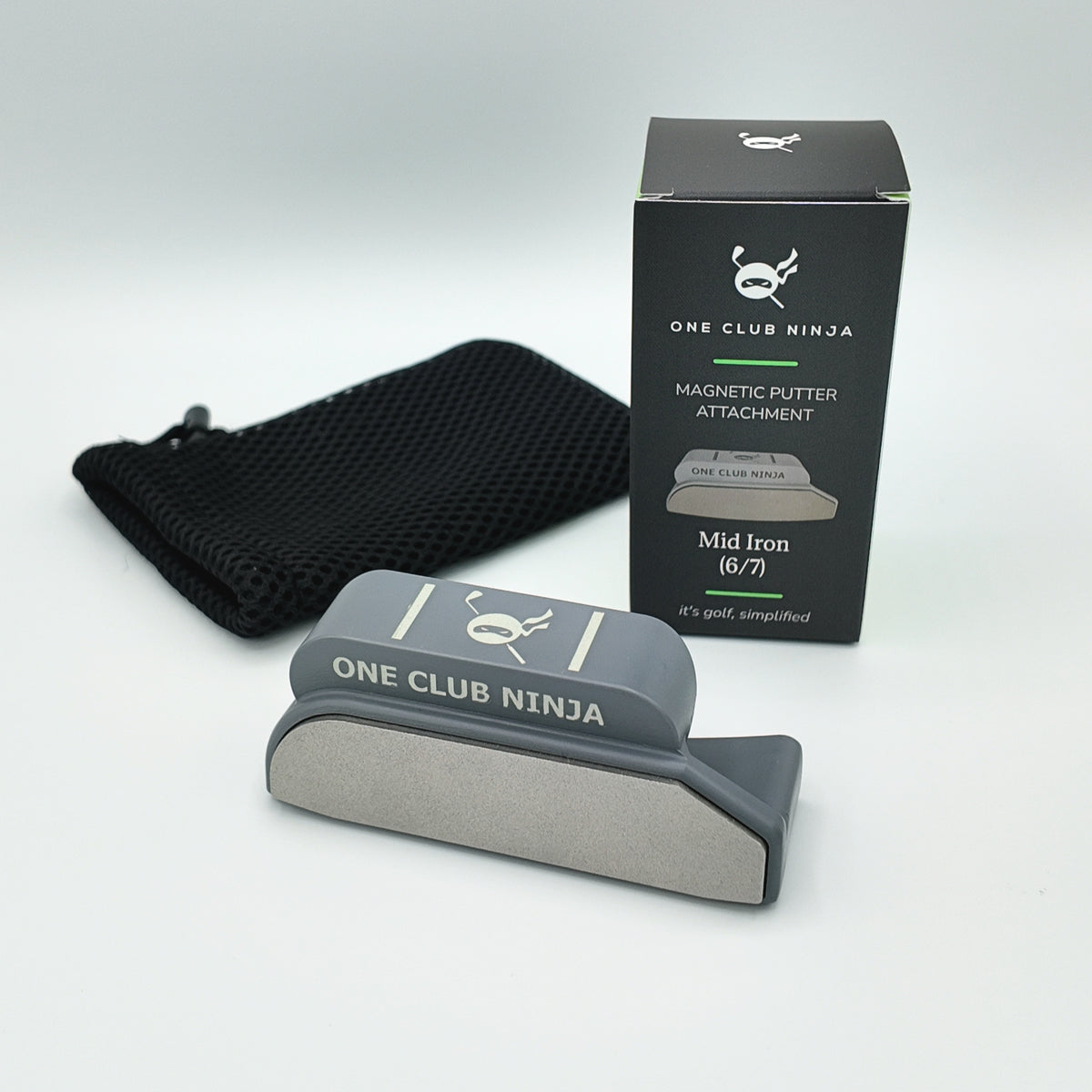 Obsidian Mid Iron putter attachment with Mid Iron 6/7 box and mesh pouch.