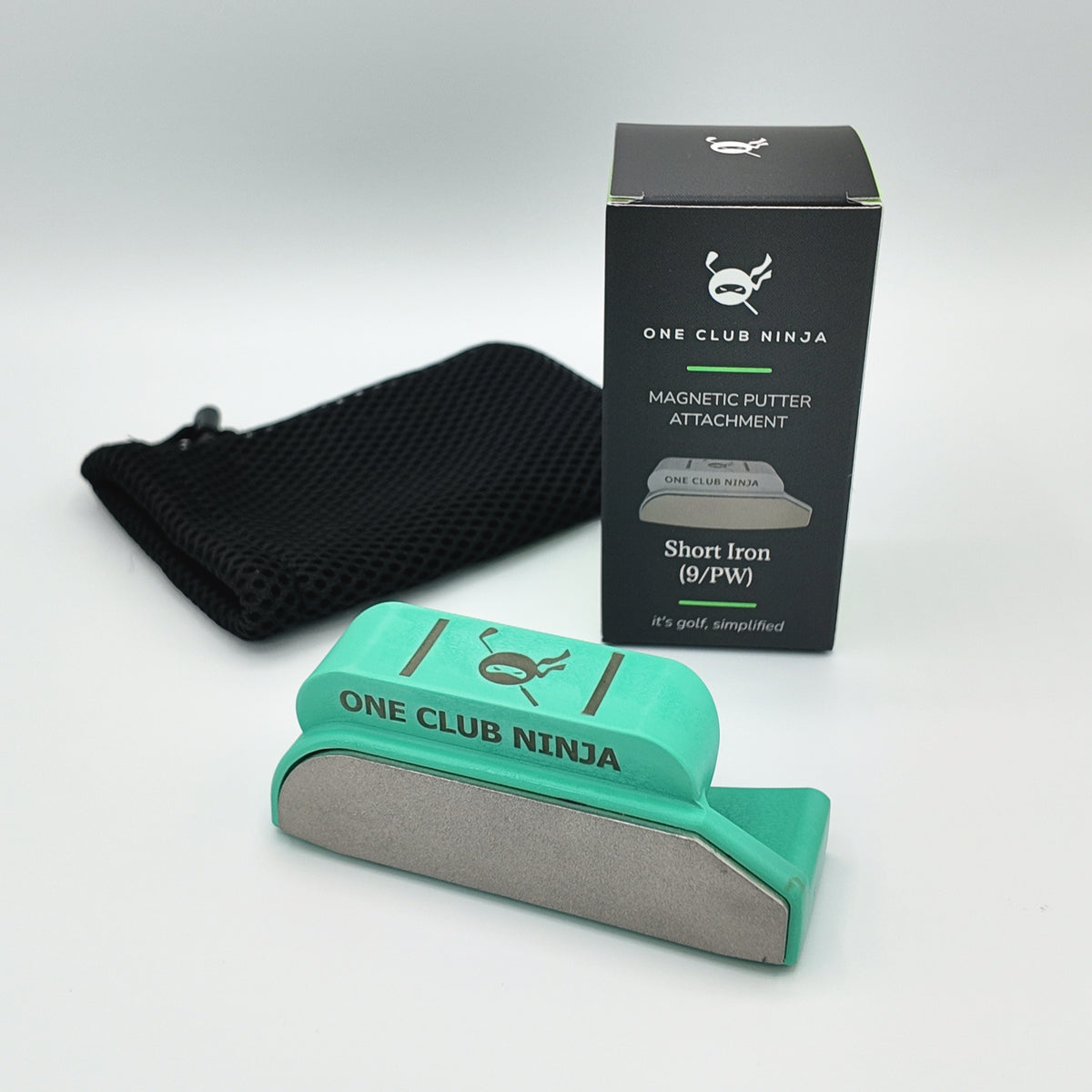 Green Short Iron putter attachment with Short Iron 9/PW box and mesh pouch.