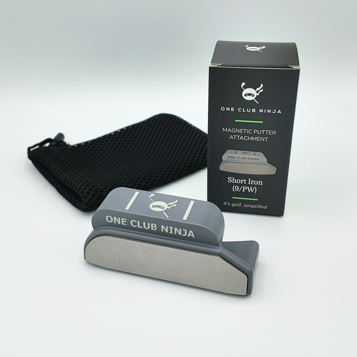 Obsidian Short Iron putter attachment with Short Iron 9/PW box and mesh pouch.